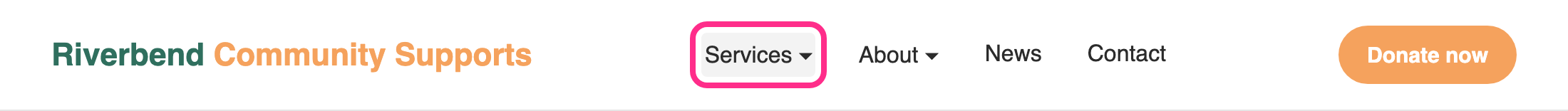 Site header with keyboard focus on the Services menu item, outlined in pink. The sub-menu has not opened.
